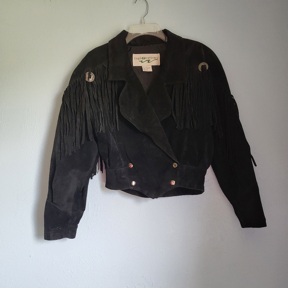 Vintage Exploration leather/suede fringe cropped jacket